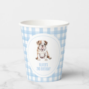 Puppy bulldog preppy plaid birthday paper cups