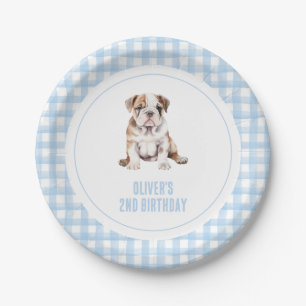 Puppy bulldog preppy plaid birthday paper plate