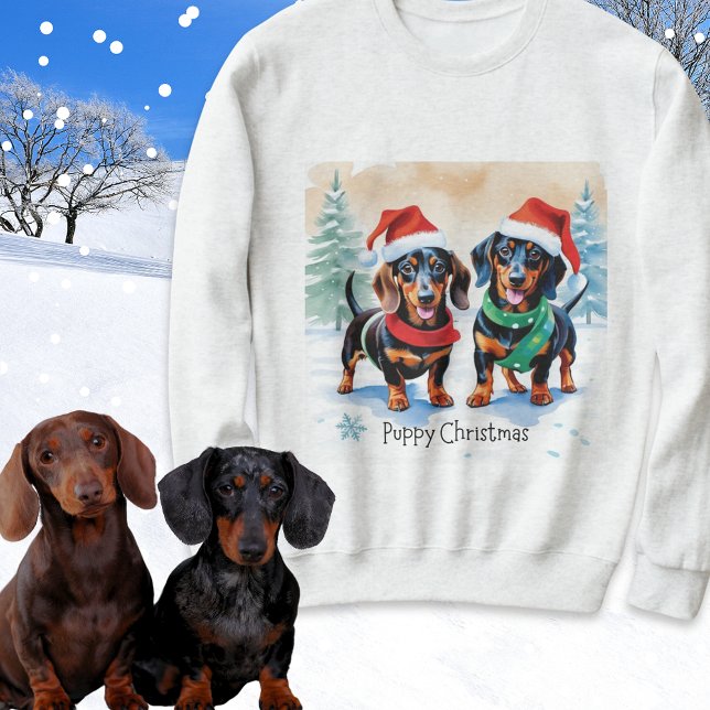 Puppy Christmas Dachshund Sausage Dog Puppies Sweatshirt (A festive sweatshirt with picture of two cute dachshunds and caption 'Puppy Christmas')