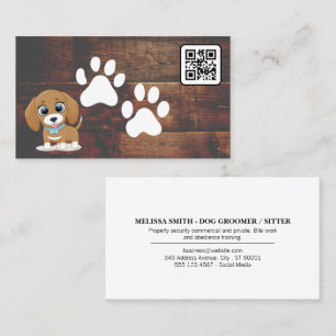 Puppy Cute Doggie Paws Wood QR code Business Card