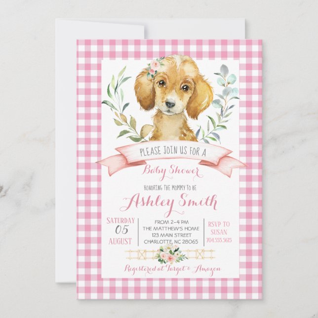 Puppy dog baby shower invitation pink girl (Front)