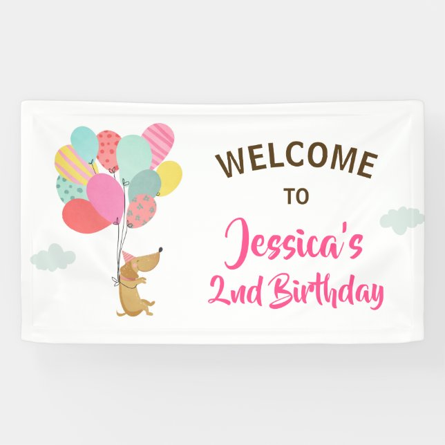 Puppy Dog birthday banner Pawty Balloons Girl Pink (Horizontal)