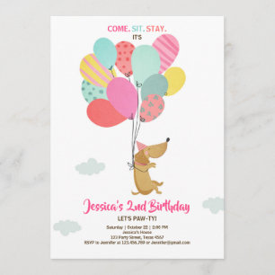 Puppy dog Birthday invitation Balloons Girl pink
