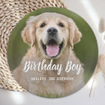 Puppy Dog Birthday Party Custom Pet Photo Paper Plate<br><div class="desc">Birthday Boy! Add the finishing touch to your puppy or dog birthday party with this simple pet photo birthday boy design dog birthday party paper plates. Add your pup's favourite photo and personalise with name, birthday number. Change to Birthday Girl of a girl pup. Visit our collection for matching pet...</div>
