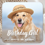 Puppy Dog Birthday Party Personalised Pet Photo Square Paper Coaster<br><div class="desc">Birthday Girl! Add the finishing touch to your puppy or dog birthday party with this simple pet photo birthday boy design dog birthday party coasters. Add your pup's favourite photo and personalise with name, birthday number. Change to Birthday Boy of a boy pup. Visit our collection for matching pet birthday...</div>