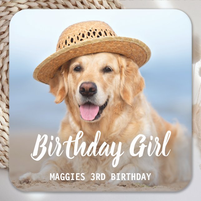 Puppy Dog Birthday Party Personalised Pet Photo Square Paper Coaster (Creator Uploaded)