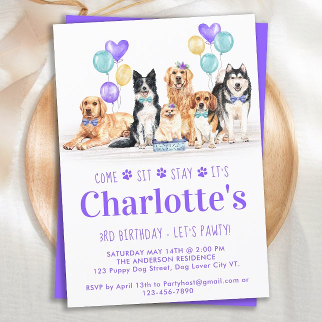 Puppy Dog Birthday Party Purple Girl Invitation (Creator Uploaded)