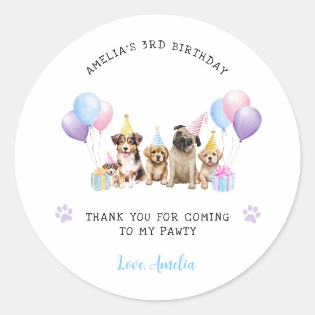 Puppy Dog Birthday Party Watercolor Classic Round Sticker (Front)