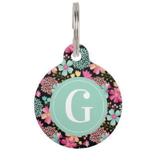 Puppy Dog Cat Pet ID Monogram Initial Floral Tag