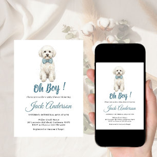 Puppy Dog Chic Blue Bow Boy Baby Shower  Invitation