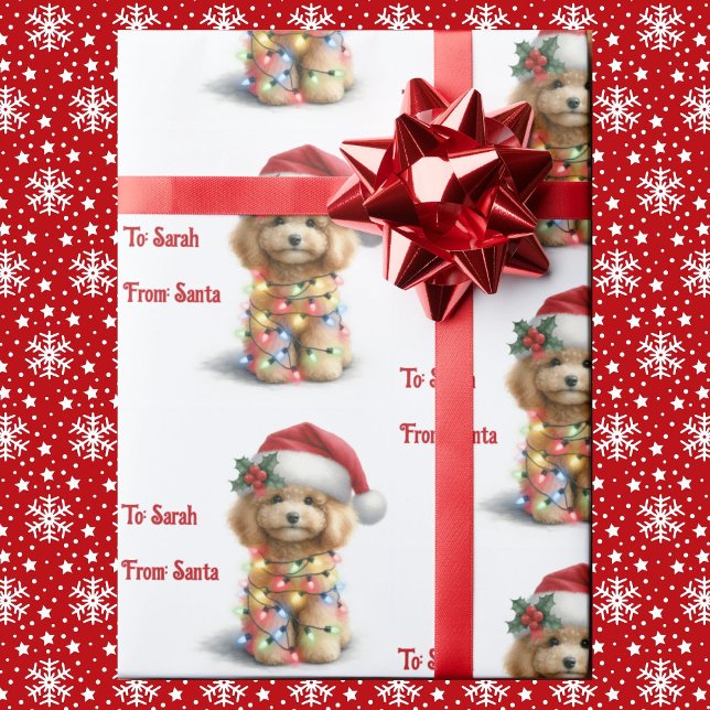 Puppy Dog Christmas Lights Personalise Name Santa Wrapping Paper (Creator Uploaded)