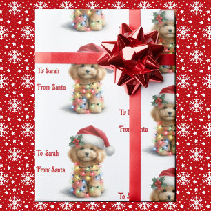 Puppy Dog Christmas Lights Personalize Name Santa Wrapping Paper
