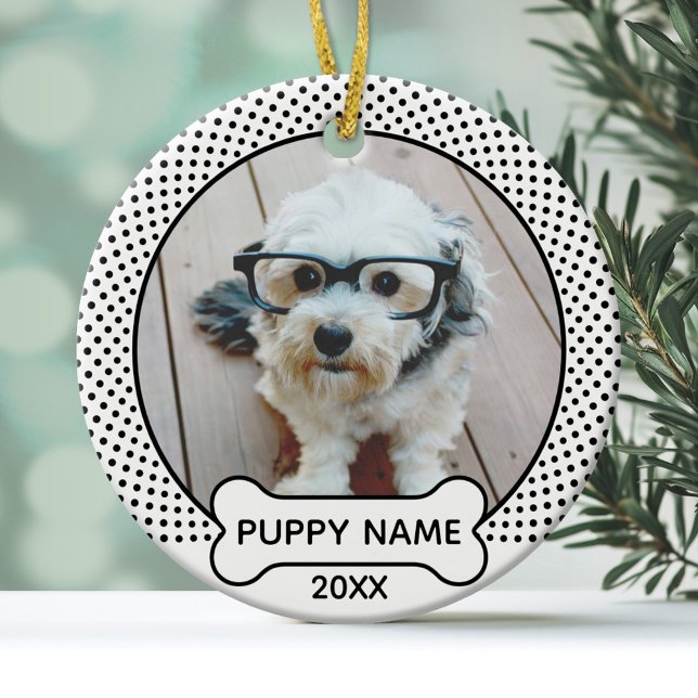 Puppy Dog Christmas Photo Polka Dot Black White Ceramic Tree Decoration (A cute pet photo ornament with a dog bone text area)
