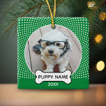 Puppy Dog Christmas Photo Polka Dot Green Ceramic Ornament<br><div class="desc">Perfect gift for a favorite pet - dog or other. Customize with your photo. If you need to adjust the photo or type,  click on the CUSTOMIZE THIS button above.</div>