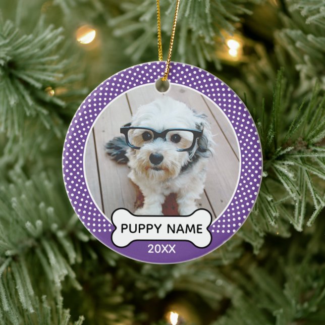 Puppy Dog Christmas Photo Polka Dot Purple Ceramic Tree Decoration (Tree)