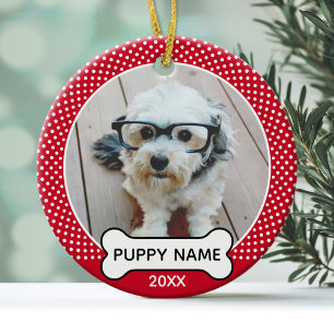 Puppy Dog Christmas Photo Polka Dot Red White Ceramic Tree Decoration