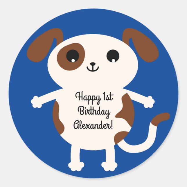 Puppy Dog Cute Colourful 1st Birthday Party Theme Classic Round Sticker (Front)