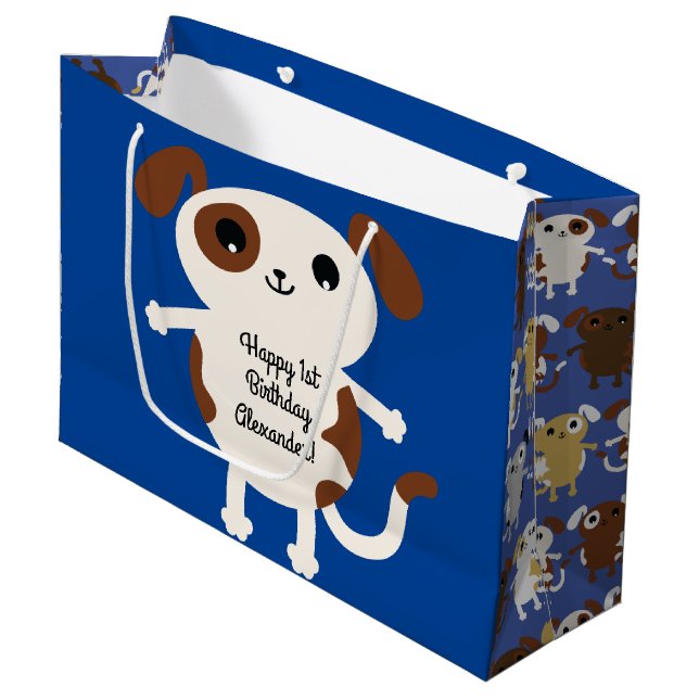 Puppy Dog Cute Colourful 1st Birthday Party Theme Large Gift Bag (Front Angled)