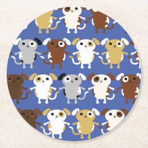 Puppy Dog Cute Colourful 1st Birthday Party Theme Round Paper Coaster