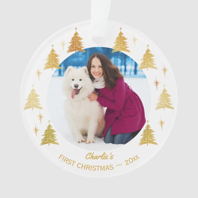 Puppy Dog First Christmas Pet Photo White and Gold Ornament (Front)