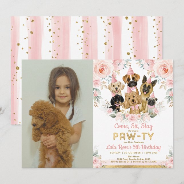 Puppy Dog Girl Birthday Party Blush Floral Photo Invitation (Front/Back)