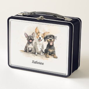 Puppy Dog Girls Watercolor Personalised Metal Lunch Box