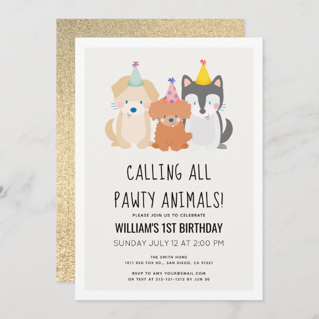 Puppy Dog Gold Glitter Pawty Animals Birthday Invitation (Front/Back)