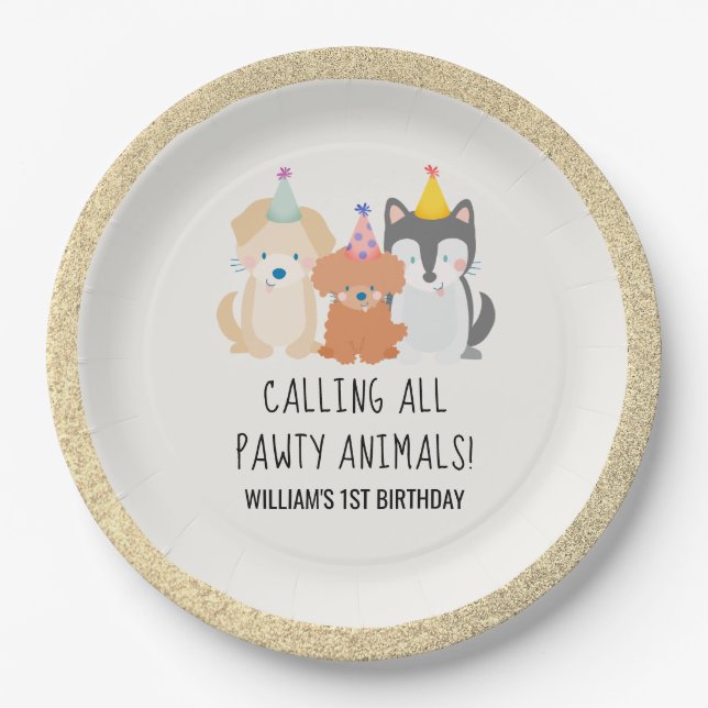 Puppy Dog Gold Glitter Pawty Animals Birthday Paper Plate (Front)