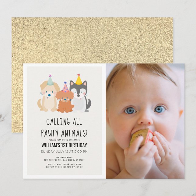 Puppy Dog Gold Pawty Animals Photo Birthday Invitation (Front/Back)