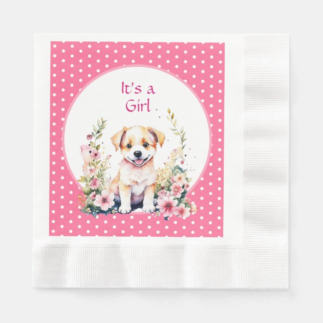 Puppy Dog in Flowers Girl's Baby Shower Its a Girl Napkin (Front)