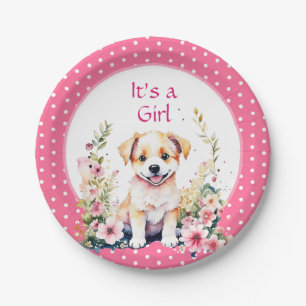 Puppy Dog in Flowers Girl's Baby Shower Its a Girl Paper Plate