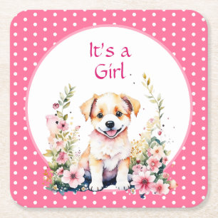 Puppy Dog in Flowers Girl's Baby Shower Its a Girl Square Paper Coaster