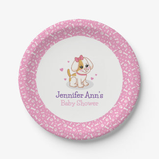 Puppy Dog It's a Girl Pink Hair Bow Baby Shower Paper Plate