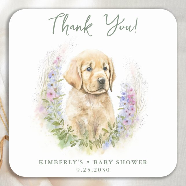 Puppy Dog Modern Sage Cute Baby Shower Thank You Square Sticker (Creator Uploaded)