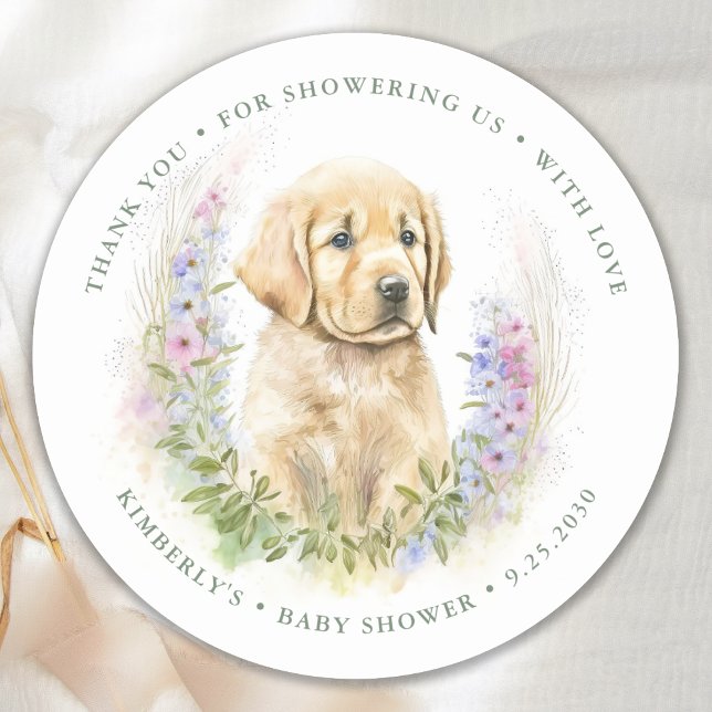 Puppy Dog Modern Sage Green Baby Shower Thank You Classic Round Sticker (Creator Uploaded)