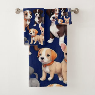 Puppy Dog Navy Blue Pattern Design Bath Towel Set