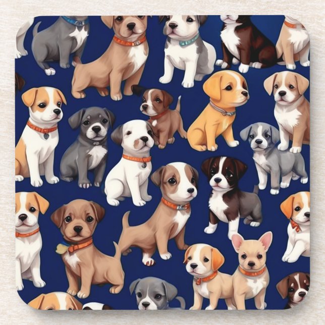 Puppy Dog Navy Blue Pattern Design Coaster (Front)