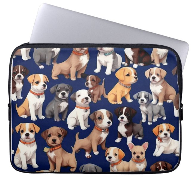 Puppy Dog Navy Blue Pattern Design Laptop Sleeve (Front)