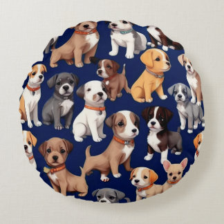 Puppy Dog Navy Blue Pattern Design Round Cushion
