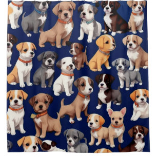 Puppy Dog Navy Blue Pattern Design Shower Curtain