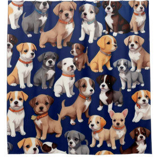 Puppy Dog Navy Blue Pattern Design Shower Curtain