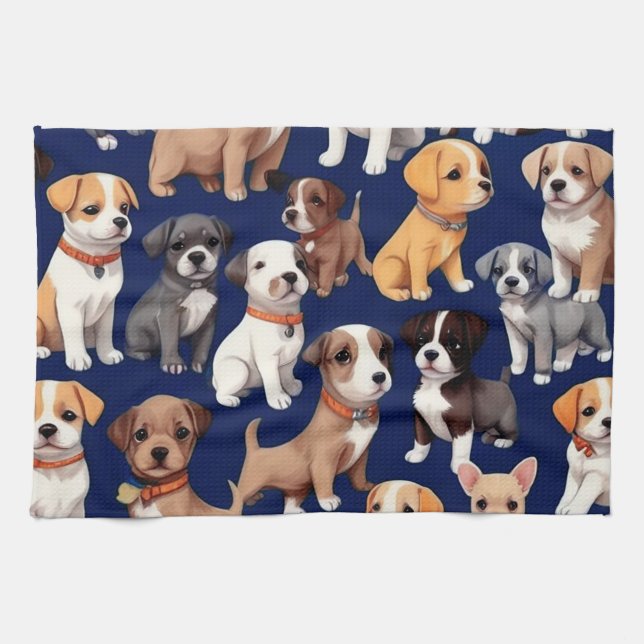 Puppy Dog Navy Blue Pattern Design Tea Towel (Horizontal)