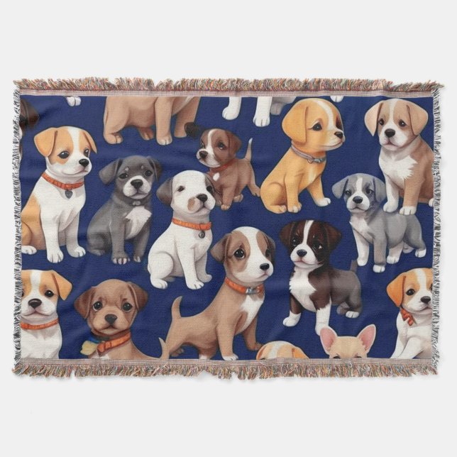 Puppy Dog Navy Blue Pattern Design Throw Blanket (Front)
