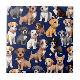Puppy Dog Navy Blue Pattern Design Tile