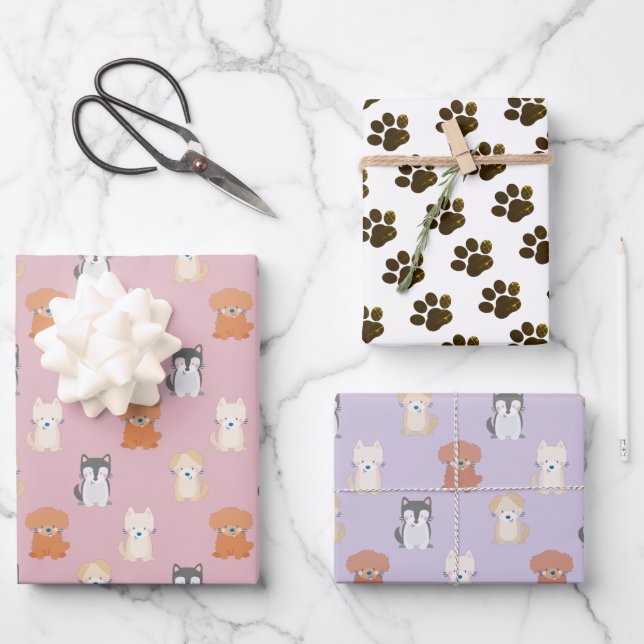 Puppy Dog Pattern Pink Wrapping Paper Sheets (Front)