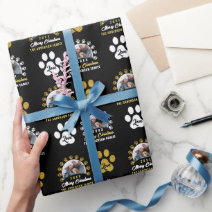 Puppy Dog Paws Black Gold Christmas Holiday Photo  Wrapping Paper