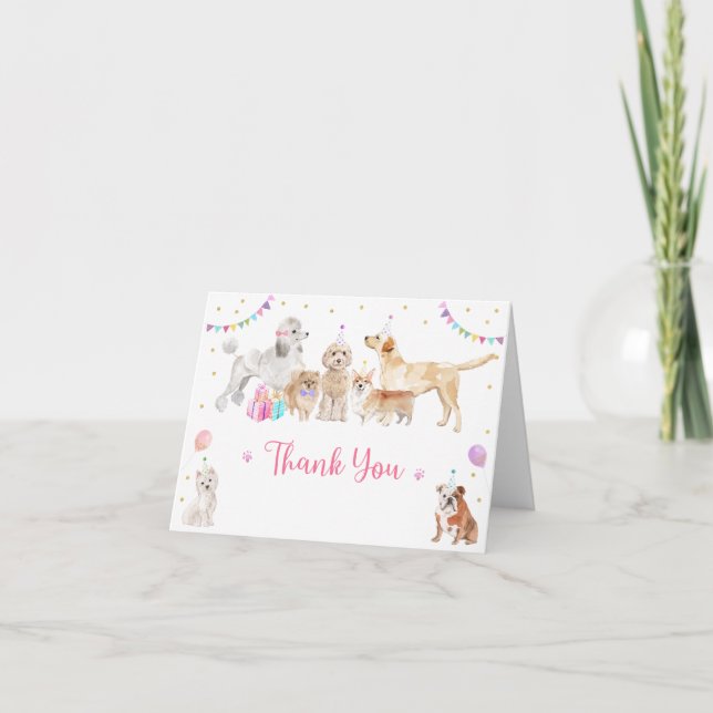 Puppy Dog Pink Girl Paw-ty Birthday Thank You Card (Front)