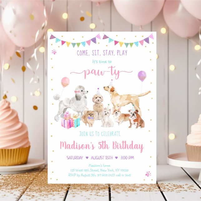 Puppy Dog Pink Gold Girl Birthday Invitation (Creator Uploaded)