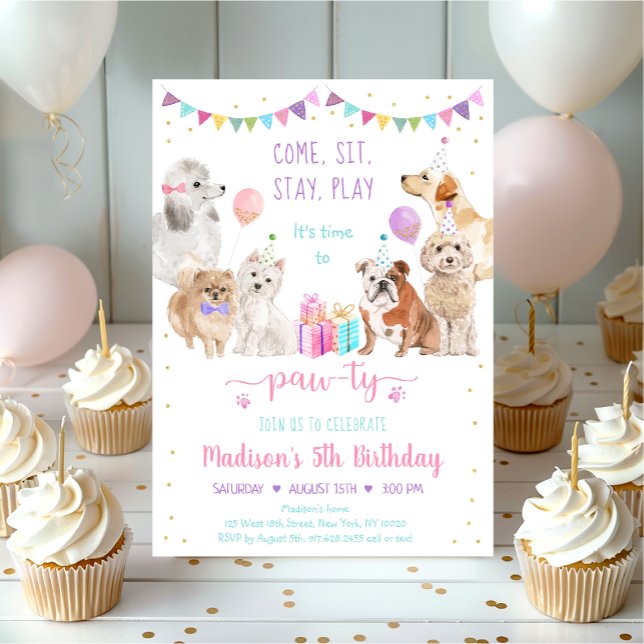 Puppy Dog Pink Gold Girl Paw-ty Birthday Invitation (Creator Uploaded)
