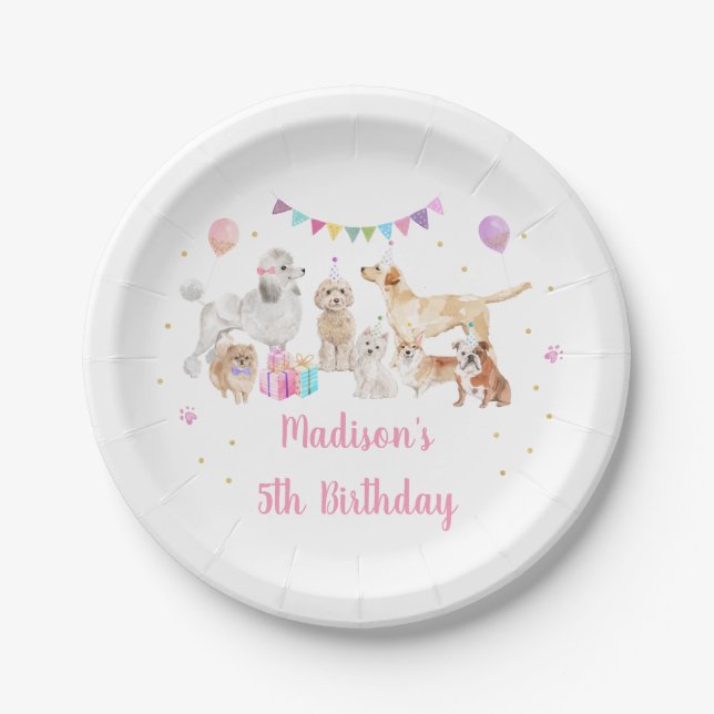 Puppy Dog Pink Gold Paw-ty Girl Birthday  Paper Plate (Front)